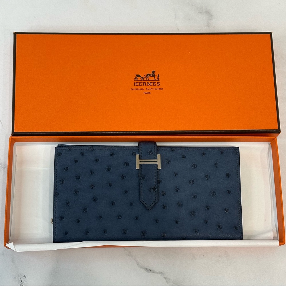 HERMES Ostrich Bearn Wallet Bleu Saphir
